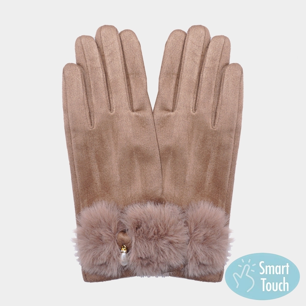 Brown Pearl Elegant Fuzzy Bow Smart Touch Fur Gloves Statement Accessories